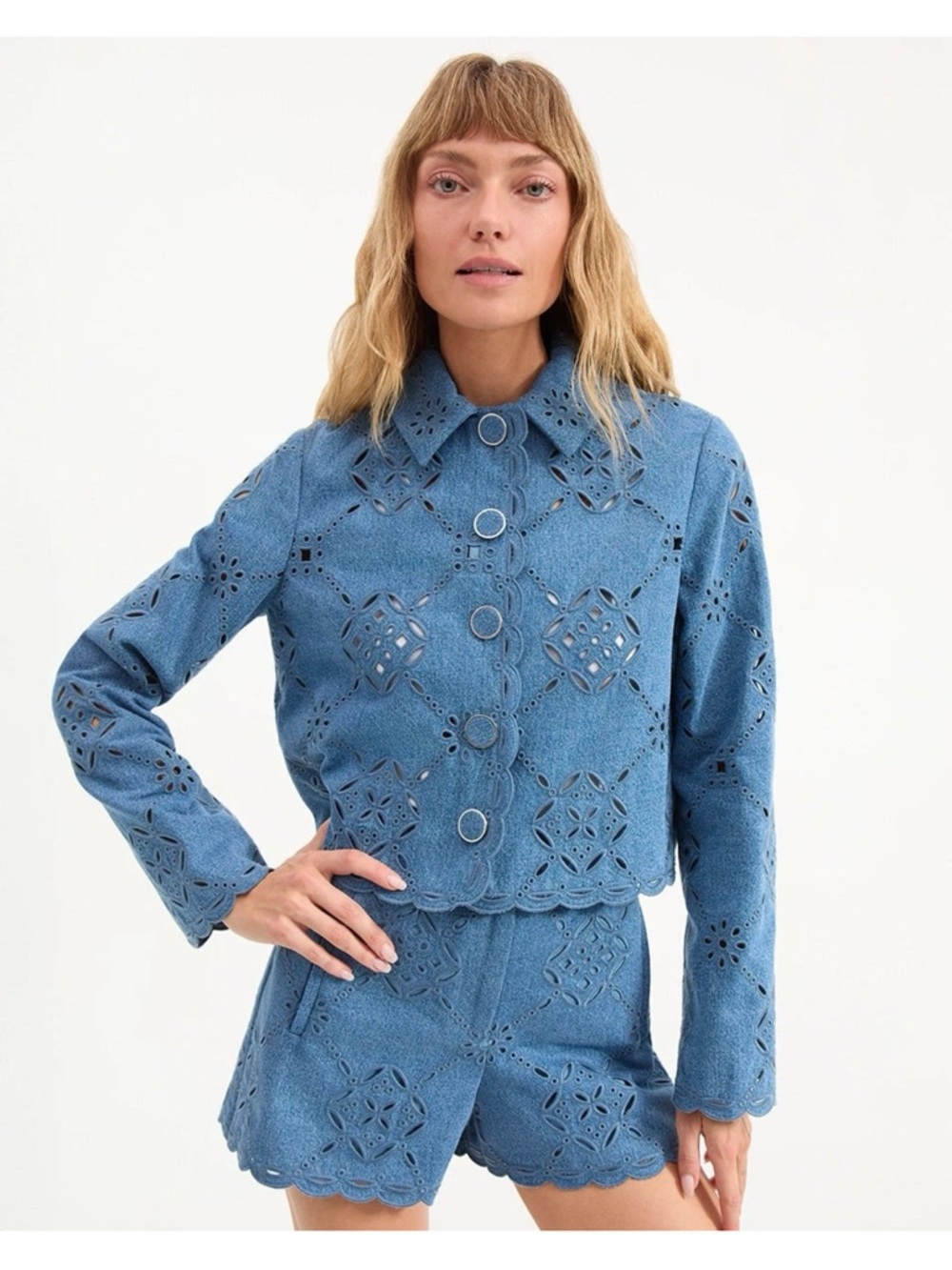 Veronica Beard Blue Eyelet Scallop Structure Cropped Jacket - US 6 - NWOT